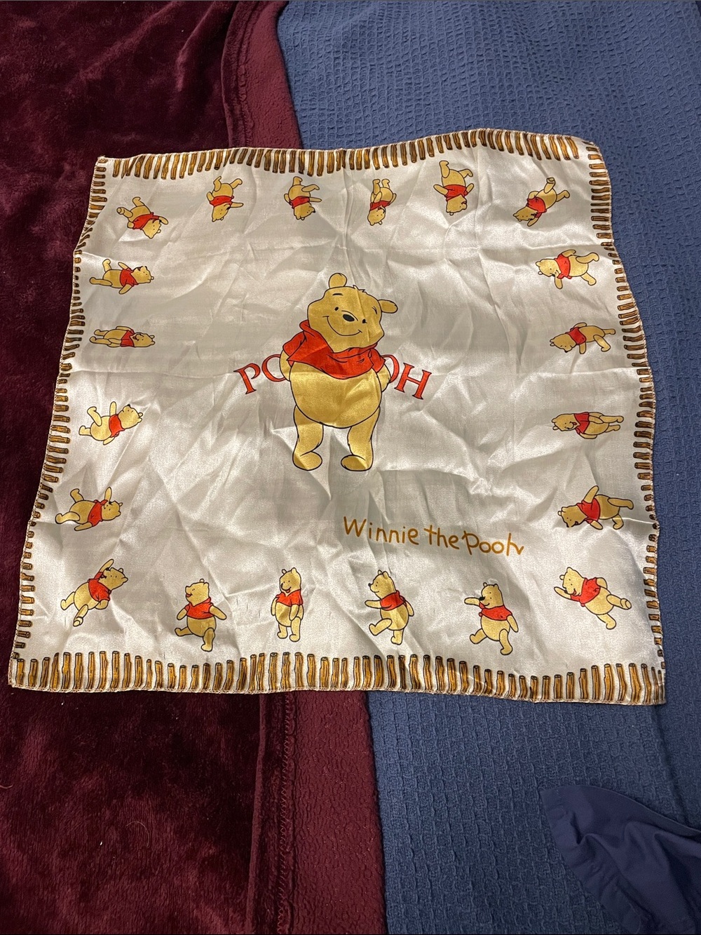 Vintage Disney Winnie the Pooh Cream short silky Scarf with Yellow & Red Motif